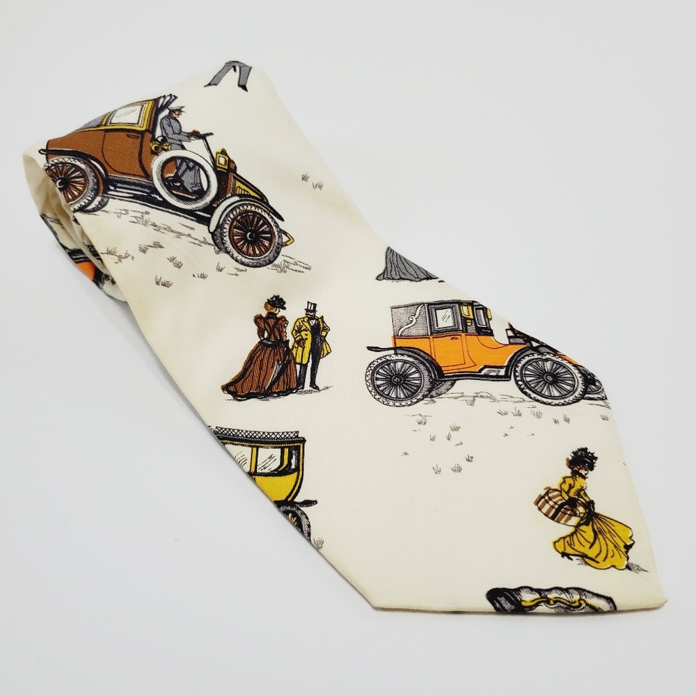 The Dimension Shop Necktie Cream Vintage Autos Theme  Men's Cotton Neck Tie